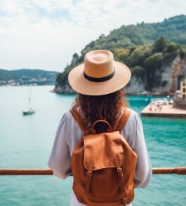 A woman with a backpack gazes thoughtfully at the serene sea, embodying the spirit of adventure in travel.
